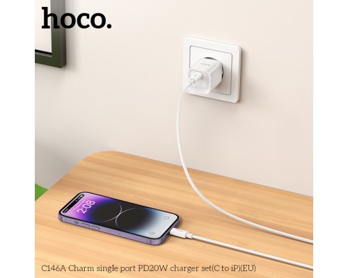 Мережевий зарядний пристрій з кабелем HOCO C146A Charm single port PD20W charger set (C to iP) (EU) White (6942007630252) Мережевий зарядний пристрій з кабелем HOCO C146A Charm single port PD20W charger set (C to iP) (EU) White (6942007630252)