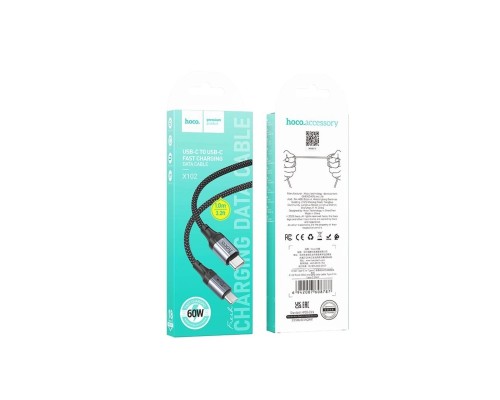 Кабель HOCO X102 Type-C to Type-C 3A, 1m, nylon, aluminum connectors, Black (6942007608787)