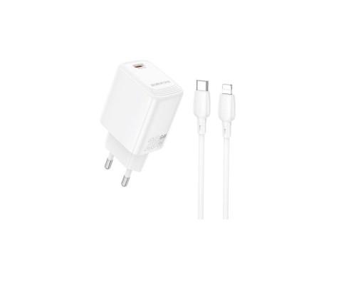 Мережевий зарядний пристрій з кабелем BOROFONE BN26 Fuente single-port PD20W charger set (C to iP) (EU) White (6941991120244) Мережевий зарядний пристрій з кабелем BOROFONE BN26 Fuente single-port PD20W charger set (C to iP) (EU) White (6941991120244)