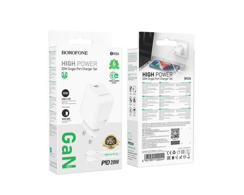 Мережевий зарядний пристрій з кабелем BOROFONE BN26 Fuente single-port PD20W charger set (C to iP) (EU) White (6941991120244) Мережевий зарядний пристрій з кабелем BOROFONE BN26 Fuente single-port PD20W charger set (C to iP) (EU) White (6941991120244)