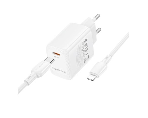 Мережевий зарядний пристрій з кабелем BOROFONE BN26 Fuente single-port PD20W charger set (C to iP) (EU) White (6941991120244) Мережевий зарядний пристрій з кабелем BOROFONE BN26 Fuente single-port PD20W charger set (C to iP) (EU) White (6941991120244)