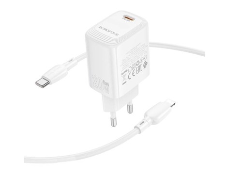 Мережевий зарядний пристрій з кабелем BOROFONE BN26 Fuente single-port PD20W charger set (C to iP) (EU) White (6941991120244) Мережевий зарядний пристрій з кабелем BOROFONE BN26 Fuente single-port PD20W charger set (C to iP) (EU) White (6941991120244)