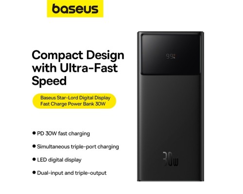Зовнішній акумулятор Baseus Star-Lord Digital Display Fast Charging Power Bank 30000mAh 30W Cluster Black(With Simple Series Charging Cable USB to Typ (P10022905113-00) Зовнішній акумулятор Baseus Star-Lord Digital Display Fast Charging Power Bank 30000mAh 30W Cluster Black(With Simple Series Charging Cable USB to Typ (P10022905113-00)
