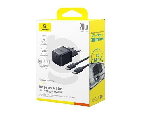 Мережевий зарядний пристрій Baseus Palm Fast Charger 1C 20W EU Cluster Black (with Baseus Mini White Cable USB-C to USB-C 60W (20V/3A) 1m Cluster Blac (P10111602113-01) Мережевий зарядний пристрій Baseus Palm Fast Charger 1C 20W EU Cluster Black (with Baseus Mini White Cable USB-C to USB-C 60W (20V/3A) 1m Cluster Blac (P10111602113-01)