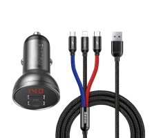 Автомобільний зарядний пристрій Baseus Digital Display Dual USB 4.8A Car Charger 24W+Three Primary Colors 3-in-1 Cable1.2M (TZCCBX-0G)