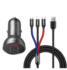 Автомобільний зарядний пристрій Baseus Digital Display Dual USB 4.8A Car Charger 24W+Three Primary Colors 3-in-1 Cable1.2M (TZCCBX-0G)