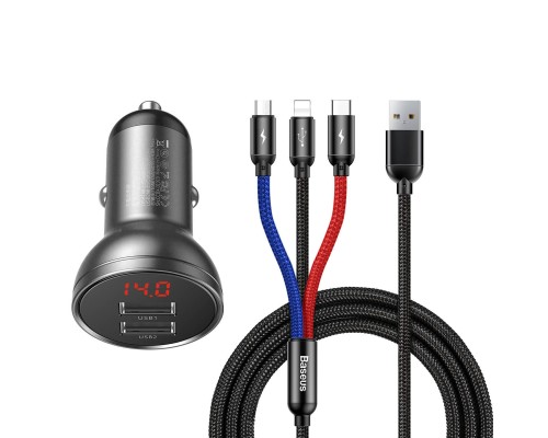 Автомобільний зарядний пристрій Baseus Digital Display Dual USB 4.8A Car Charger 24W+Three Primary Colors 3-in-1 Cable1.2M (TZCCBX-0G) Автомобільний зарядний пристрій Baseus Digital Display Dual USB 4.8A Car Charger 24W+Three Primary Colors 3-in-1 Cable1.2M (TZCCBX-0G)