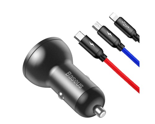 Автомобільний зарядний пристрій Baseus Digital Display Dual USB 4.8A Car Charger 24W+Three Primary Colors 3-in-1 Cable1.2M (TZCCBX-0G) Автомобільний зарядний пристрій Baseus Digital Display Dual USB 4.8A Car Charger 24W+Three Primary Colors 3-in-1 Cable1.2M (TZCCBX-0G)