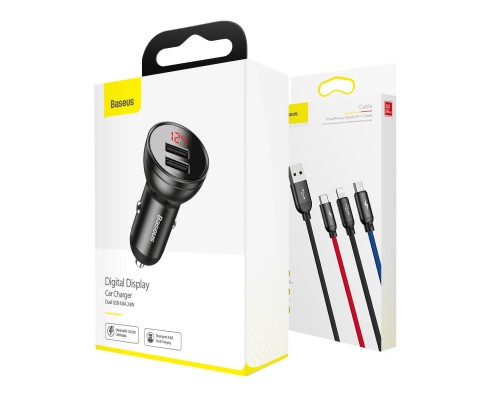 Автомобільний зарядний пристрій Baseus Digital Display Dual USB 4.8A Car Charger 24W+Three Primary Colors 3-in-1 Cable1.2M (TZCCBX-0G) Автомобільний зарядний пристрій Baseus Digital Display Dual USB 4.8A Car Charger 24W+Three Primary Colors 3-in-1 Cable1.2M (TZCCBX-0G)