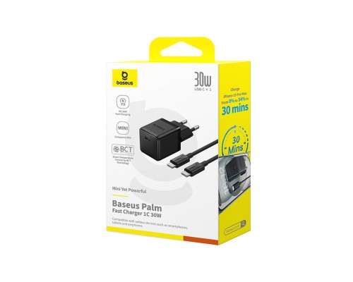 Мережевий зарядний пристрій Baseus Palm Fast Charger 1C 30W EU Cluster Black(With: Baseus Mini White Cable Type-C to Type-C 60W(20V/3A) 1m Cluster Bla (P10111605113-01) Мережевий зарядний пристрій Baseus Palm Fast Charger 1C 30W EU Cluster Black(With: Baseus Mini White Cable Type-C to Type-C 60W(20V/3A) 1m Cluster Bla (P10111605113-01)