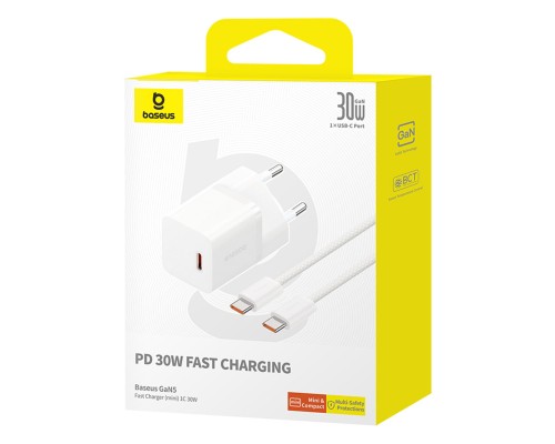 Мережевий зарядний пристрій Baseus GaN5 Fast Charger(mini) 1C 30W EU Moon White(With: Baseus Dynamic 3 Series Fast Charging Data Cable Type-C to Type- (P10110902213-00) Мережевий зарядний пристрій Baseus GaN5 Fast Charger(mini) 1C 30W EU Moon White(With: Baseus Dynamic 3 Series Fast Charging Data Cable Type-C to Type- (P10110902213-00)
