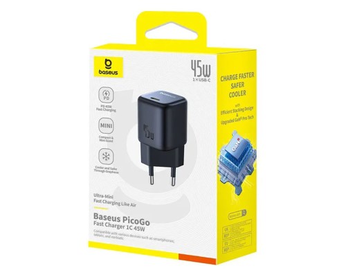 Мережевий зарядник пристрій Baseus PicoGo GaN Fast Charger 1C 45W EU Cosmic Black (P10176800123-00) Мережевий зарядник пристрій Baseus PicoGo GaN Fast Charger 1C 45W EU Cosmic Black (P10176800123-00)