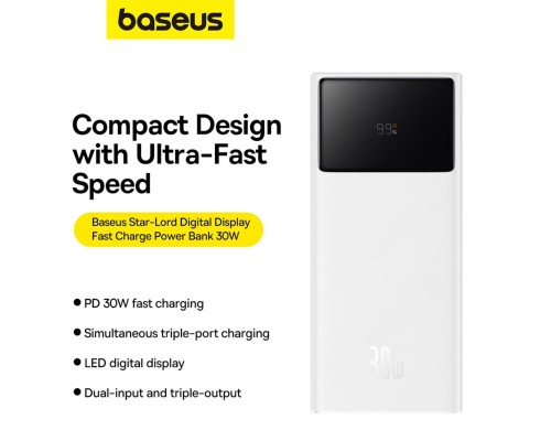 Зовнішній акумулятор Baseus Star-Lord Digital Display Fast Charging Power Bank 30000mAh 30W Moon White(With Simple Series Charging Cable USB to Type-C (P10022905213-00) Зовнішній акумулятор Baseus Star-Lord Digital Display Fast Charging Power Bank 30000mAh 30W Moon White(With Simple Series Charging Cable USB to Type-C (P10022905213-00)
