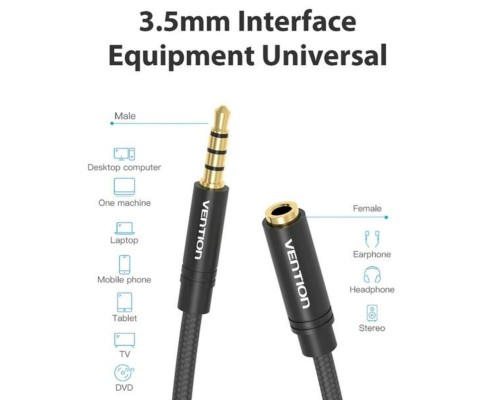 Аудіокабель Vention Cotton Braided 3.5mm Audio Extension Cable 5M Black Metal Type (VAB-B06-B500-M) (VAB-B06-B500-M) Аудіокабель Vention Cotton Braided 3.5mm Audio Extension Cable 5M Black Metal Type (VAB-B06-B500-M) (VAB-B06-B500-M)