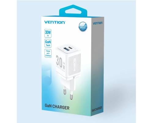 Мережевий зарядний пристрій Vention 2-Port USB (C + A) GaN Charger (30W/30W) EU-Plug White (FEQW0-EU) Мережевий зарядний пристрій Vention 2-Port USB (C + A) GaN Charger (30W/30W) EU-Plug White (FEQW0-EU)