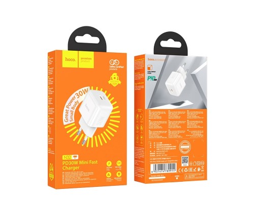 Мережевий зарядний пристрій HOCO N32 Glory PD30W single port charger (EU) White (6931474789914) Мережевий зарядний пристрій HOCO N32 Glory PD30W single port charger (EU) White (6931474789914)
