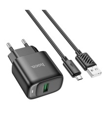 Мережевий зарядний пристрій з кабелем HOCO C140A Smart single port QC3.0 charger set(Micro)(EU) Black (6942007627801)