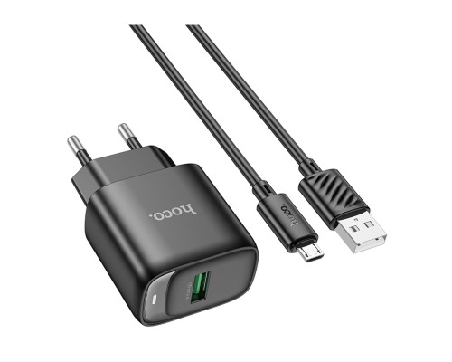 Мережевий зарядний пристрій з кабелем HOCO C140A Smart single port QC3.0 charger set(Micro)(EU) Black (6942007627801)