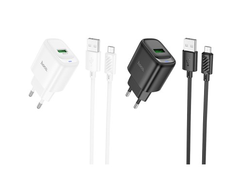 Мережевий зарядний пристрій з кабелем HOCO C140A Smart single port QC3.0 charger set(Micro)(EU) Black (6942007627801)