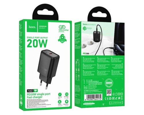 Мережевий зарядний пристрій HOCO N60 Gentle single port PD20W charger (EU) Black (6942007644174) Мережевий зарядний пристрій HOCO N60 Gentle single port PD20W charger (EU) Black (6942007644174)