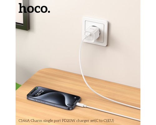 Мережевий зарядний пристрій з кабелем HOCO C146A Charm single port PD20W charger set (C to C) (EU) White (6942007630269) Мережевий зарядний пристрій з кабелем HOCO C146A Charm single port PD20W charger set (C to C) (EU) White (6942007630269)