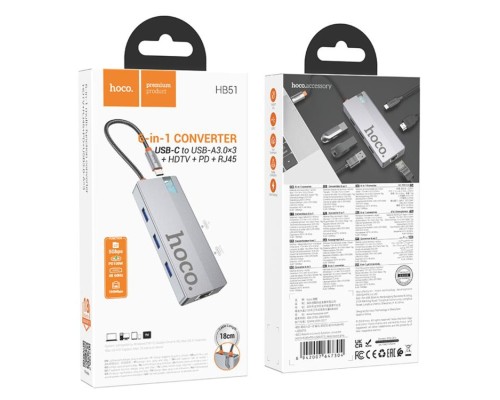 USB-хаб HOCO HB51 Wow 6-in-1 multi-function converter (HDTV+RJ45+PD+USB3.0*3) Deep Space Gray (6942007647304) USB-хаб HOCO HB51 Wow 6-in-1 multi-function converter (HDTV+RJ45+PD+USB3.0*3) Deep Space Gray (6942007647304)