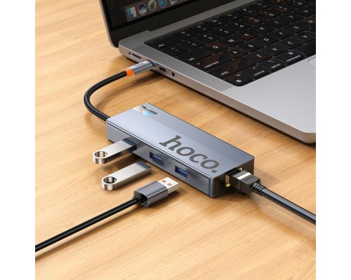 USB-хаб HOCO HB51 Wow 6-in-1 multi-function converter (HDTV+RJ45+PD+USB3.0*3) Deep Space Gray (6942007647304) USB-хаб HOCO HB51 Wow 6-in-1 multi-function converter (HDTV+RJ45+PD+USB3.0*3) Deep Space Gray (6942007647304)