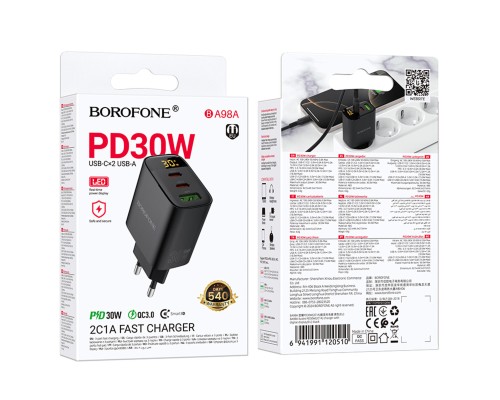 Мережевий зарядний пристрій BOROFONE BA98A Ilustre PD30W (2C1A) charger with digital display (EU) Black (6941991120510) Мережевий зарядний пристрій BOROFONE BA98A Ilustre PD30W (2C1A) charger with digital display (EU) Black (6941991120510)