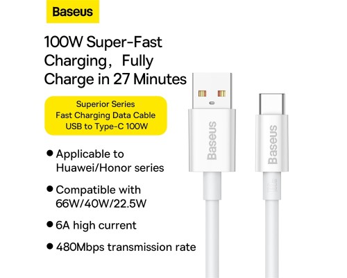 Дата кабель USB 2.0 AM to USB-C 1.5m Superior Fast Charging 100W moon white Baseus (P10320102214-02)