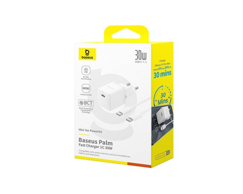 Зарядний пристрій Baseus Palm Fast Charger 1C 30W + Cable 1.0m Type-C 60W white (P10111605213-01)