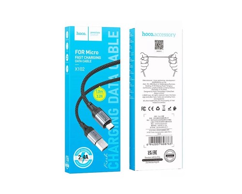 Дата кабель USB 2.0 AM to Micro 5P 1.0m 2.4A nylon X102 black HOCO (6942007608763)