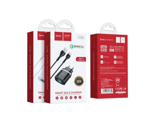 Зарядний пристрій HOCO C12Q Smart USB QC3.0 + cable USB to USB-C 18W Black (6931474716293)