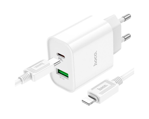 Зарядний пристрій HOCO C80A Plus Rapido 1xUSB-C PD20W + 1xUSB QC3.0 + cable USB-C to Lightning White (6931474779892)