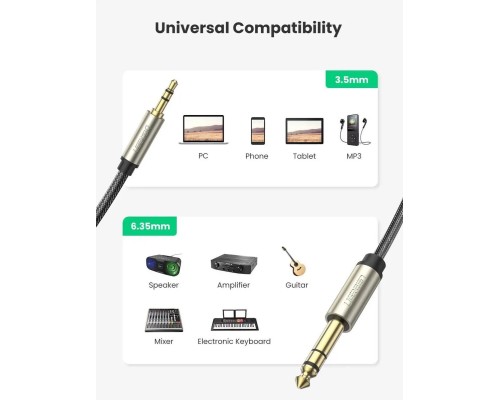 Аудіокабель UGREEN AV127 3.5mm to 6.35mm TRS Stereo Audio Cable 2m (Gray)(UGR-10628) (UGR-10628)