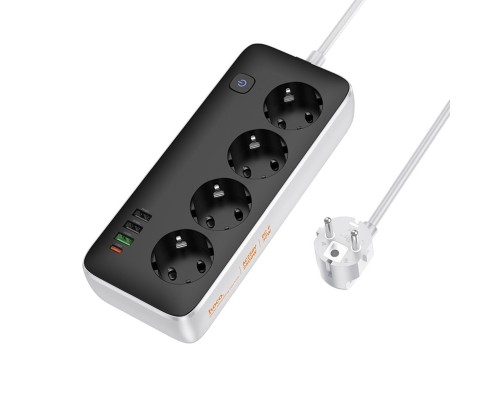 Мережевий подовжувач HOCO AC22 Sunlight 4-bit (PD30W/1C3A) desktop socket (EU/GER)(L=3M) Black (6942007636728)