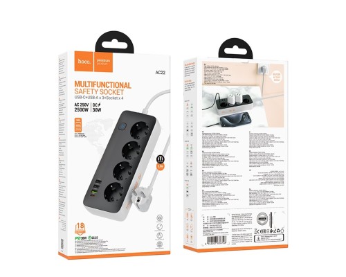Мережевий подовжувач HOCO AC22 Sunlight 4-bit (PD30W/1C3A) desktop socket (EU/GER)(L=3M) Black (6942007636728)