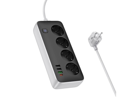 Мережевий подовжувач HOCO AC22 Sunlight 4-bit (PD30W/1C3A) desktop socket (EU/GER)(L=3M) Black (6942007636728)