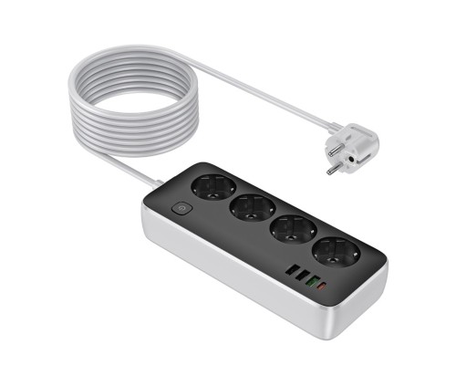Мережевий подовжувач HOCO AC22 Sunlight 4-bit (PD30W/1C3A) desktop socket (EU/GER)(L=3M) Black (6942007636728)