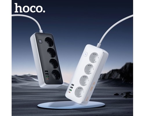 Мережевий подовжувач HOCO AC22 Sunlight 4-bit (PD30W/1C3A) desktop socket (EU/GER)(L=3M) Black (6942007636728)