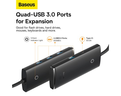 Концентратор Baseus USB-C to 4xUSB 3.0 0.25m black (WKQX030301)