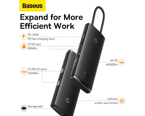 USB-хаб Baseus Lite Series 6-Port Type-C HUB Docking Station (Type-C to HDMI+USB3.0*2+PD+SD/TF) Black (WKQX050101) 