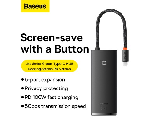 USB-хаб Baseus Lite Series 6-Port Type-C HUB Docking Station (Type-C to HDMI+USB3.0*2+PD+SD/TF) Black (WKQX050101) 
