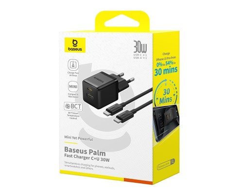 Зарядний пристрій Baseus 1xUSB-C 30W + 1xUSB + cable USB-C to USB-C 60W 1.0m (P1011160A113-01)
