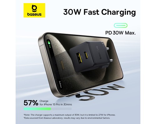 Зарядний пристрій Baseus 1xUSB-C 30W + 1xUSB + cable USB-C to USB-C 60W 1.0m (P1011160A113-01)