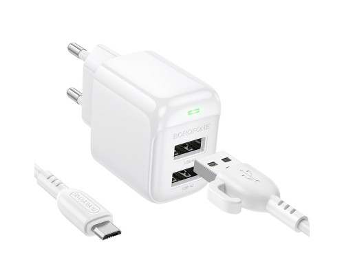 Мережевий зарядний пристрій з кабелем BOROFONE BAS41A Potential dual-port charger set(Micro) White (6941991113765)