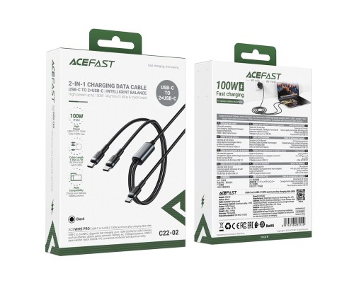 Кабель ACEFAST C22-02 USB-C to 2*USB-C 100W aluminum alloy charging data cable Black (6974316285120)