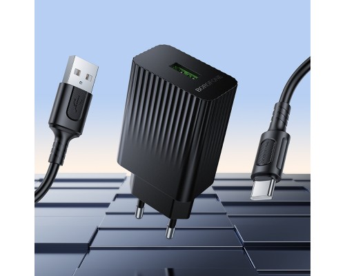 Мережевий зарядний пристрій з кабелем BOROFONE BAS72A Source single port QC3.0 charger set(Type-C) Black (6941991122675)