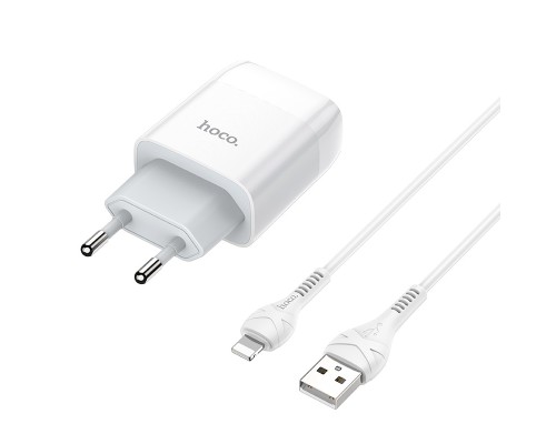 Мережевий зарядний пристрій з кабелем HOCO C73A Glorious dual port charger set (iP)(EU) White (6931474713056)