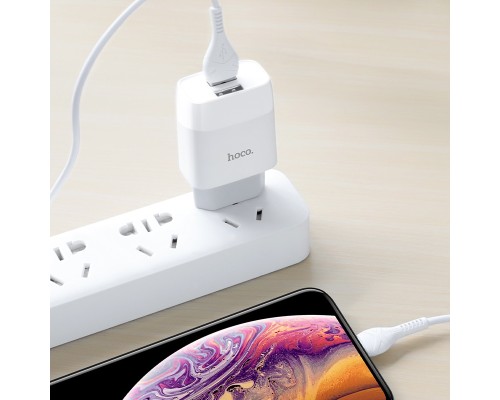 Мережевий зарядний пристрій з кабелем HOCO C73A Glorious dual port charger set (iP)(EU) White (6931474713056)