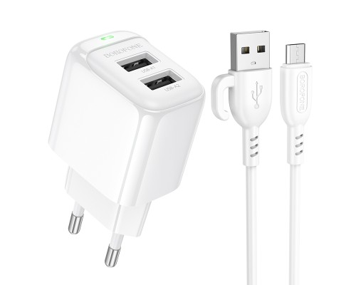 Мережевий зарядний пристрій з кабелем BOROFONE BAS41A Potential dual-port charger set(Micro) White (6941991113765)